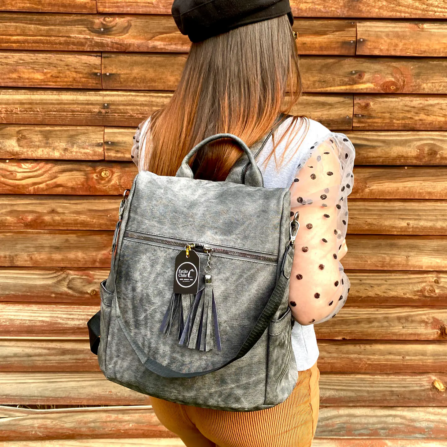 Mochila y Cartera Antirrobo de Jeans Gris Mujer 2