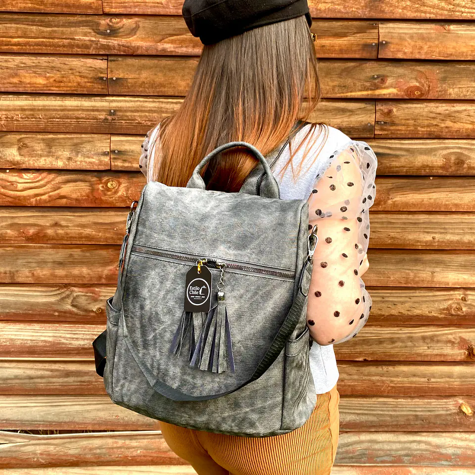 Mochila y Cartera Antirrobo de Jeans Gris Mujer 2