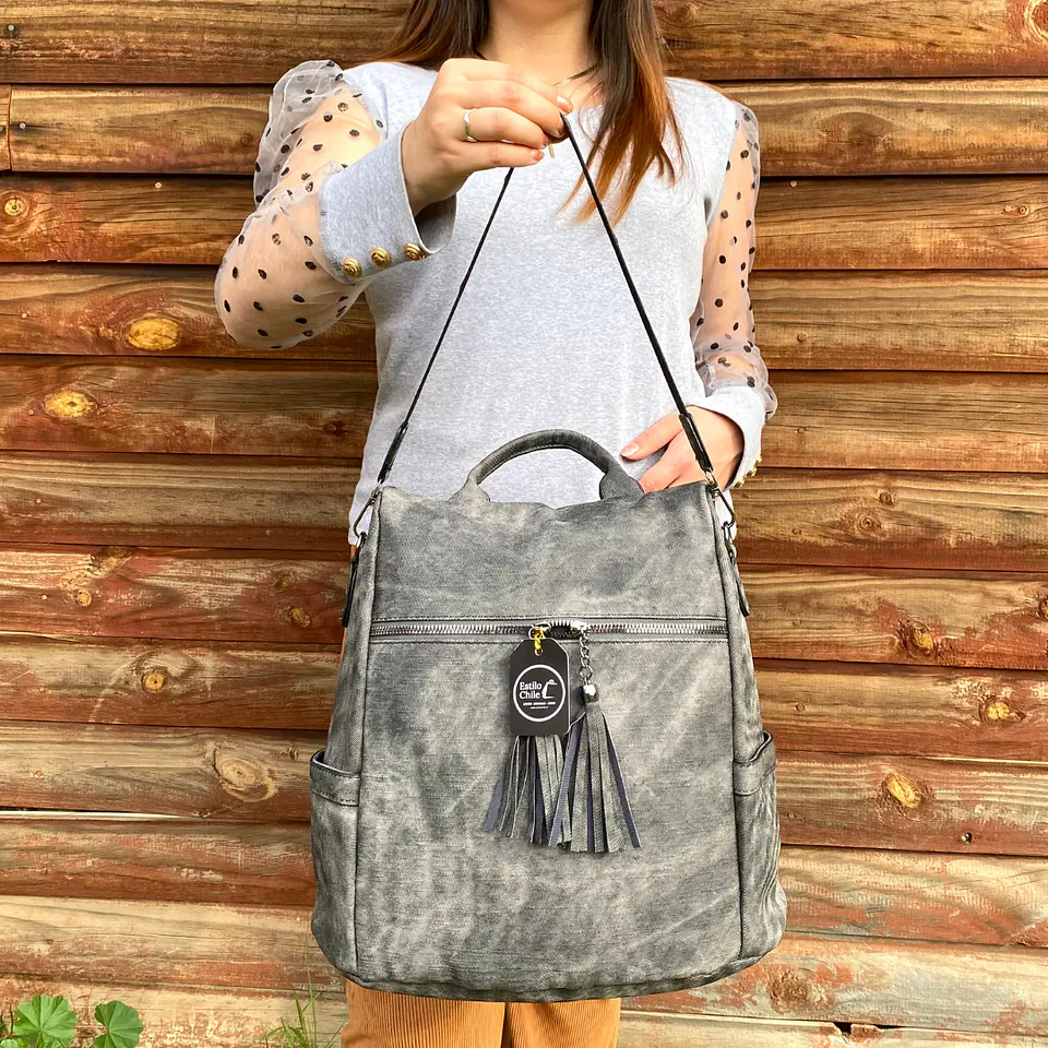 Mochila y Cartera Antirrobo de Jeans Gris Mujer 6