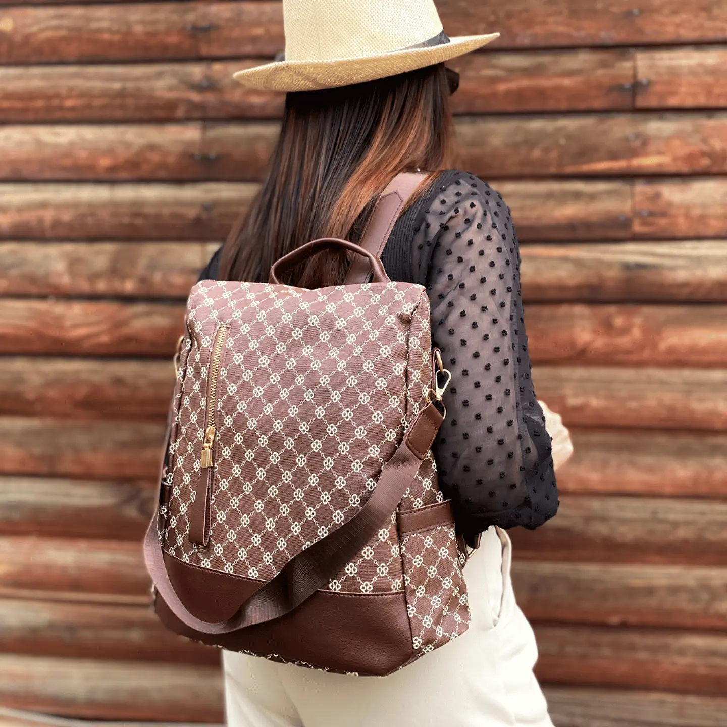 Mochila y Cartera Antirrobo Monograma Café  2