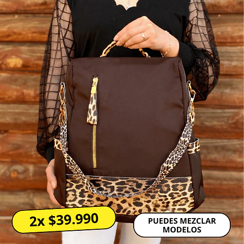 Mochila y Cartera Antirrobo Animal Print Café 