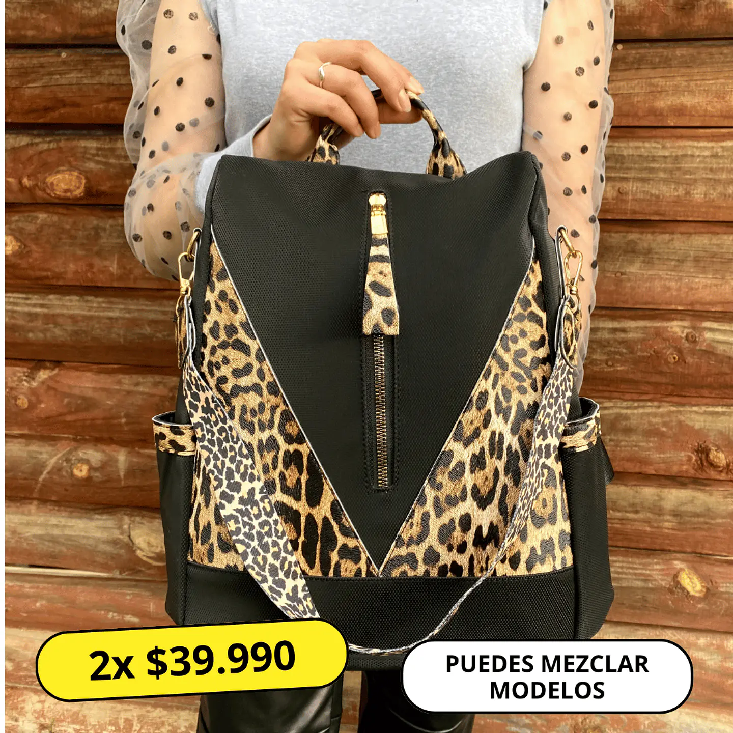 Mochila y Cartera Antirrobo Animal Print Negra 1