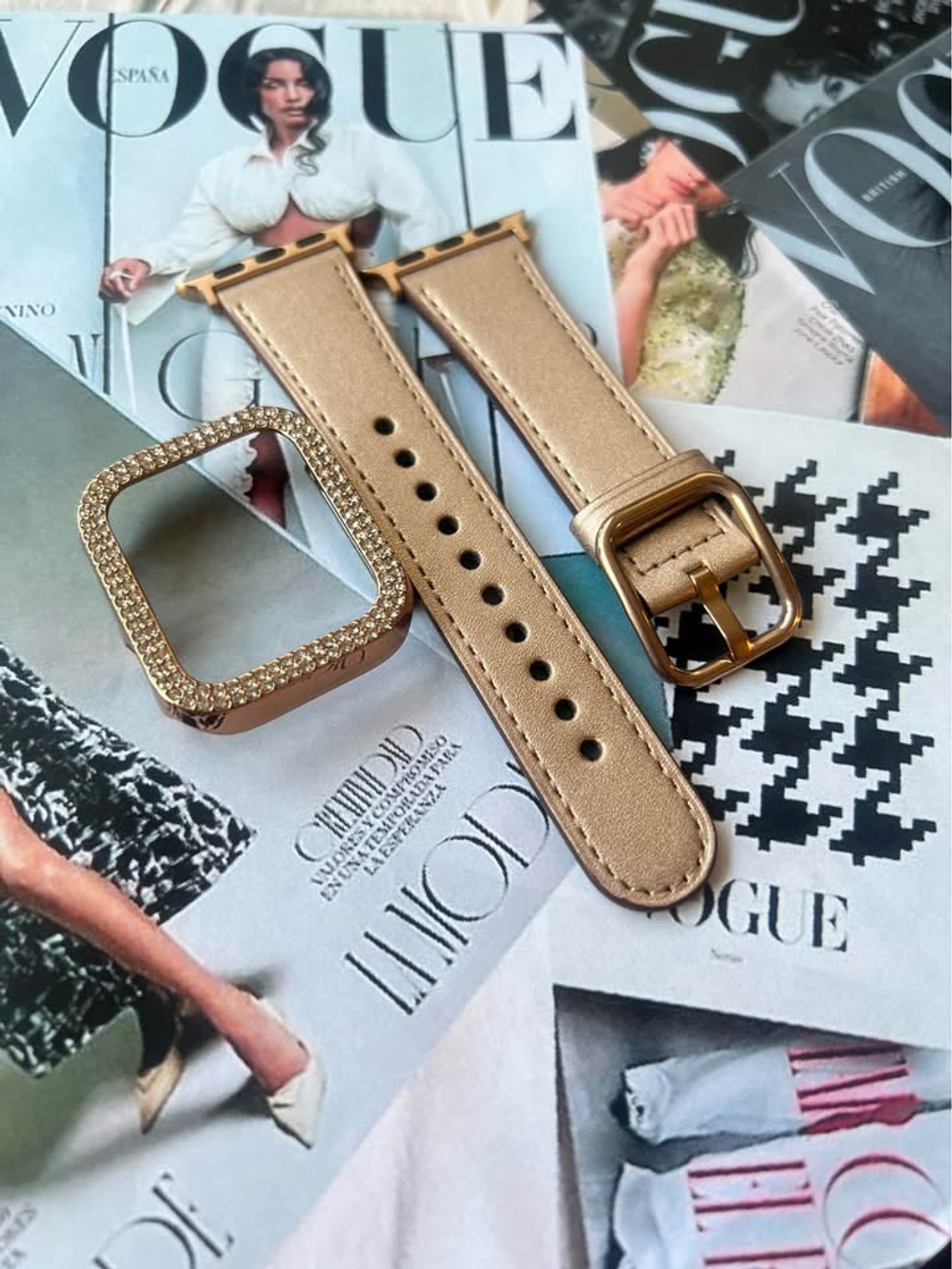 Correa de Cuero Champagne y Protector para Apple Watch 1