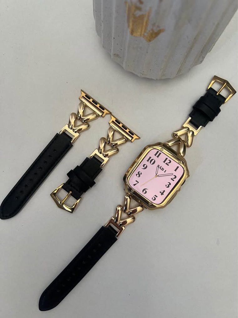 Set Glamour Apple Watch: Correa de Cuero Black and Gold + Protector de Pantalla 1