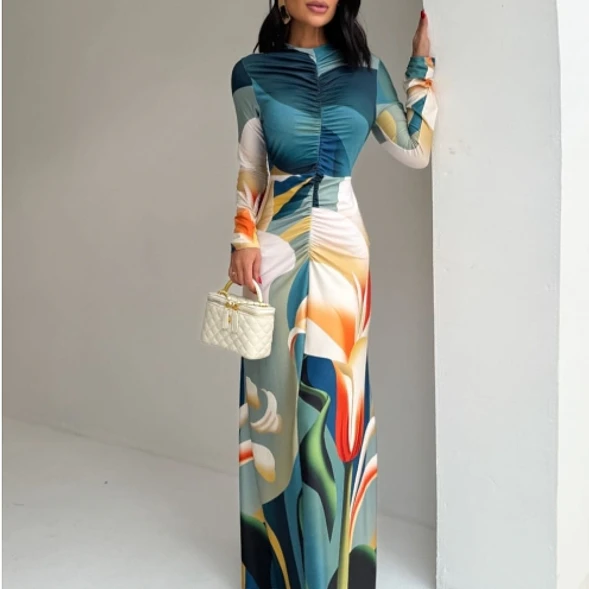 Vestido Largo Ajustado con Estampado Floral Artístico y Drapeado 5