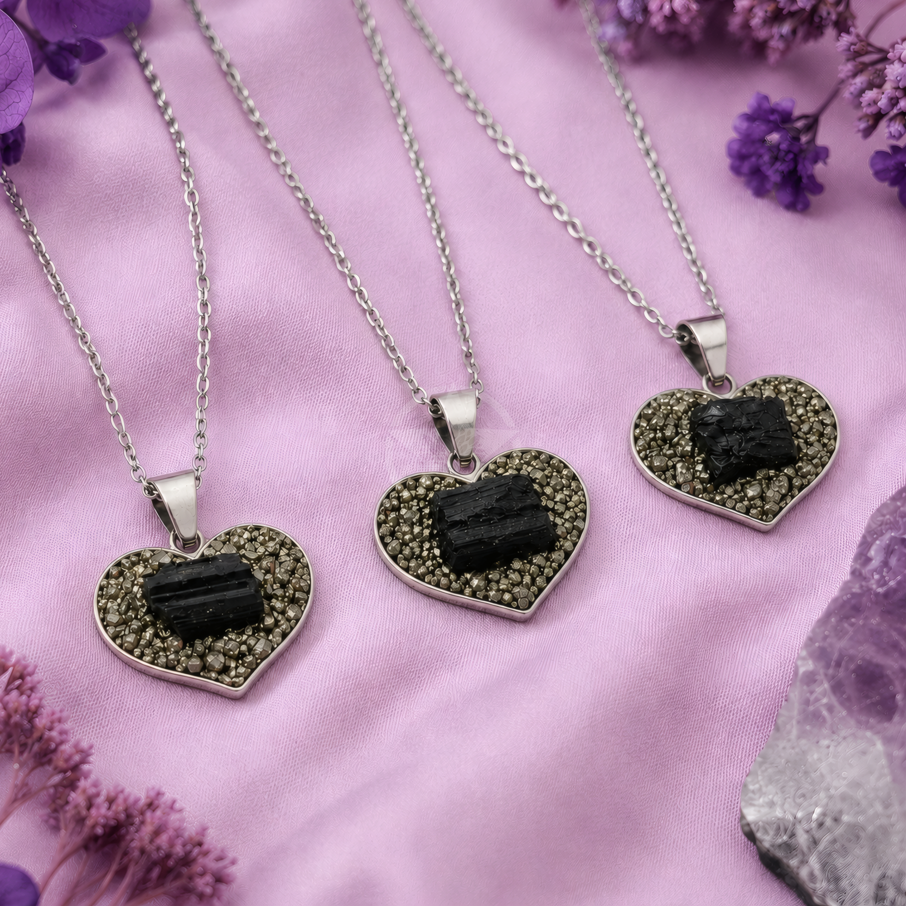 Collar Corazón De Fuerza Turmalina Negra Pirita 3