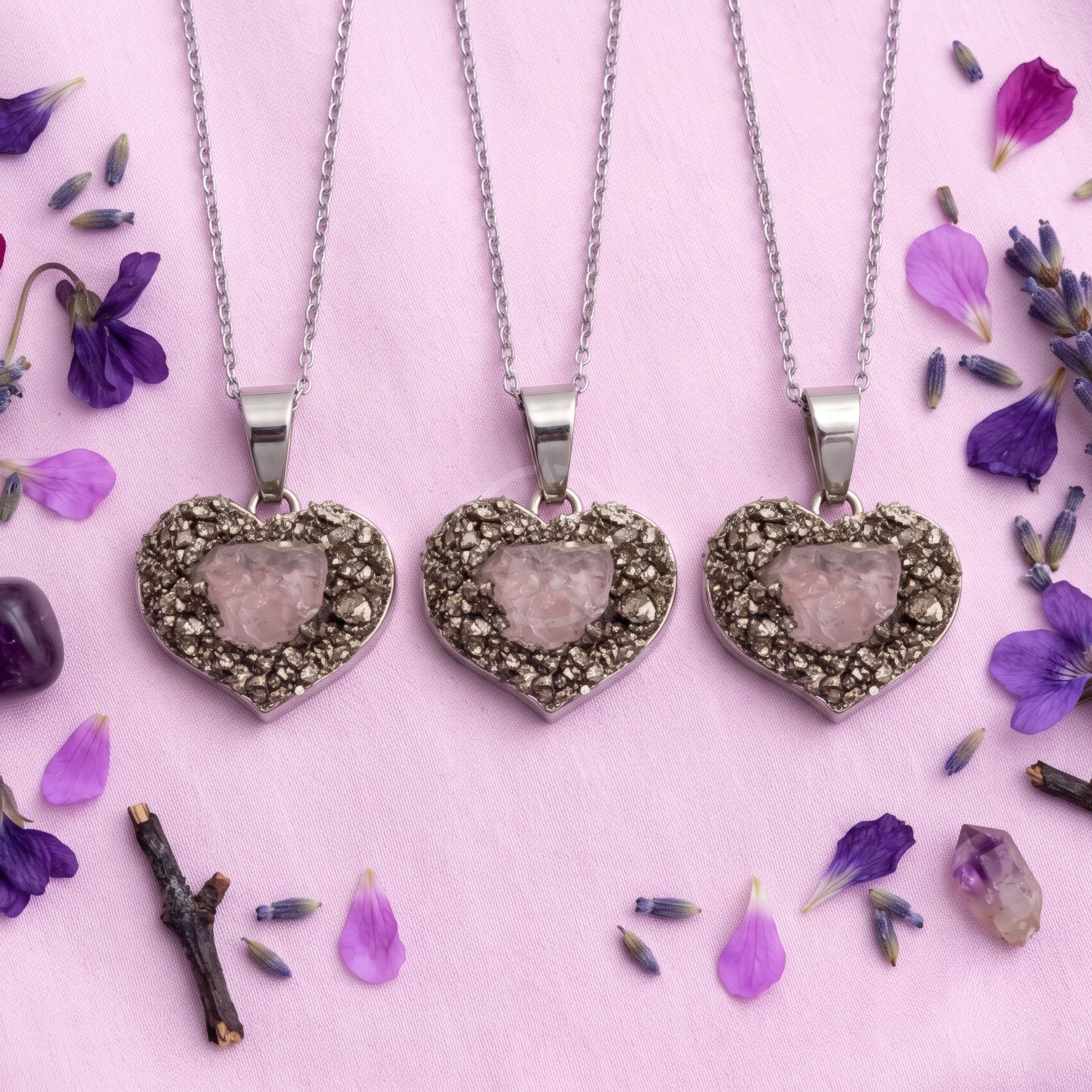 Collar Corazón De Atracción Cuarzo Rosa Pirita 2