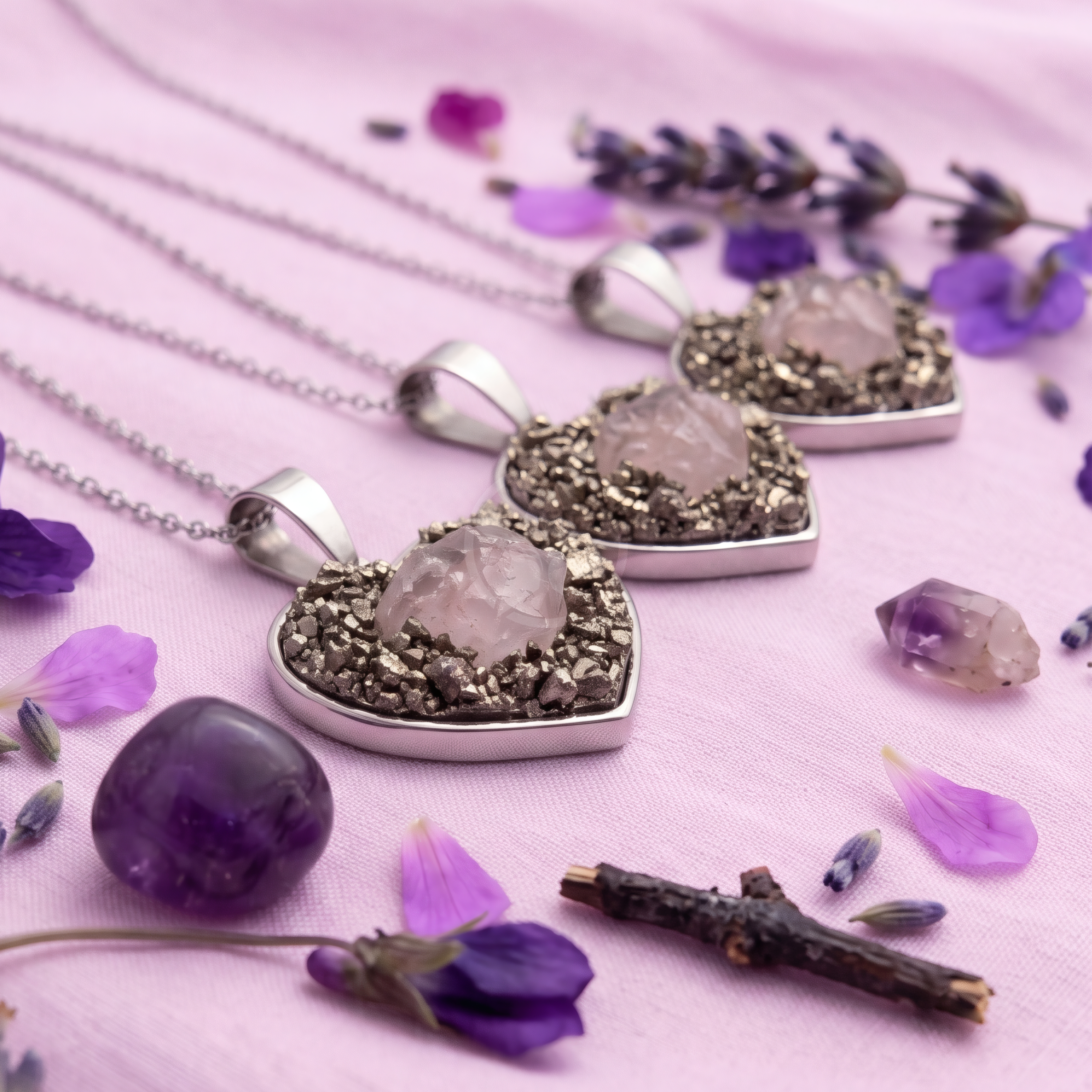 Collar Corazón De Atracción Cuarzo Rosa Pirita 3