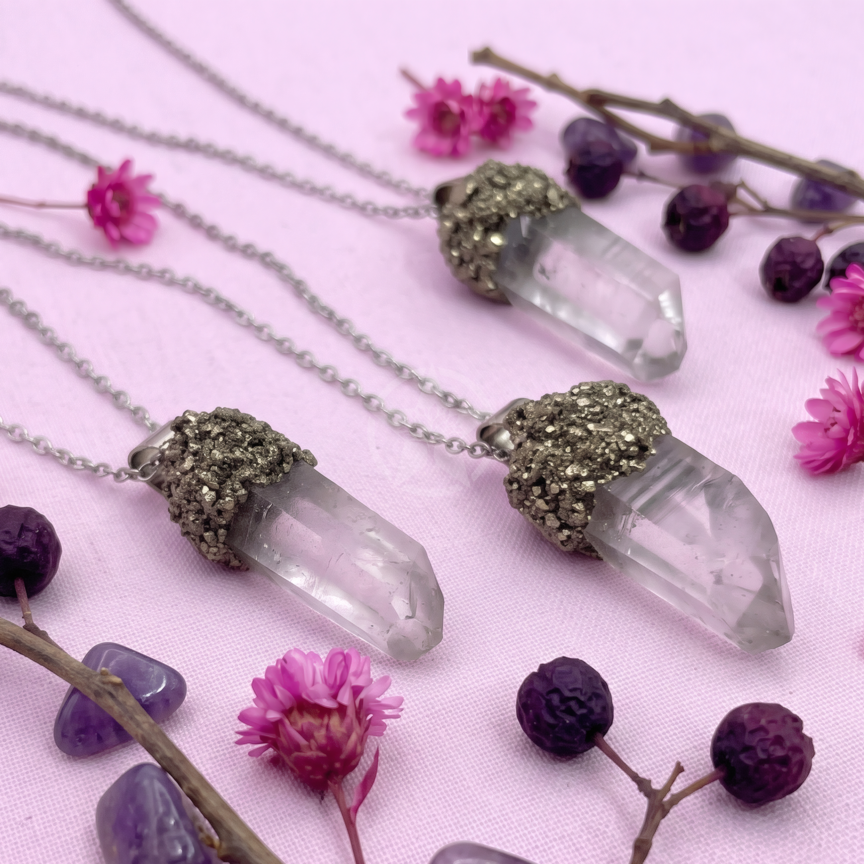 Collar Bruto De Equilibrio Cuarzo Cristal Pirita 3