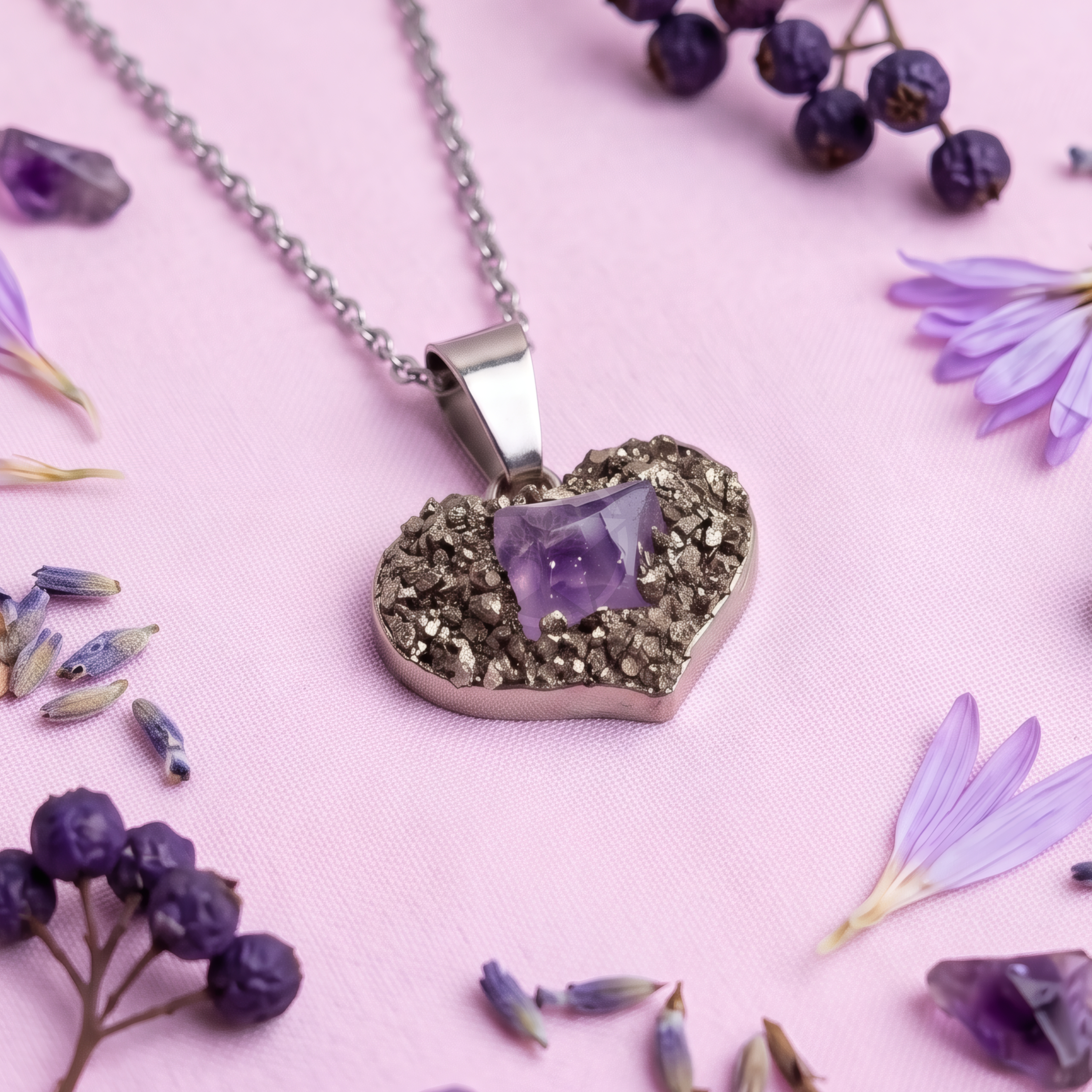 Collar Corazón De Prosperidad Amatista Pirita 1