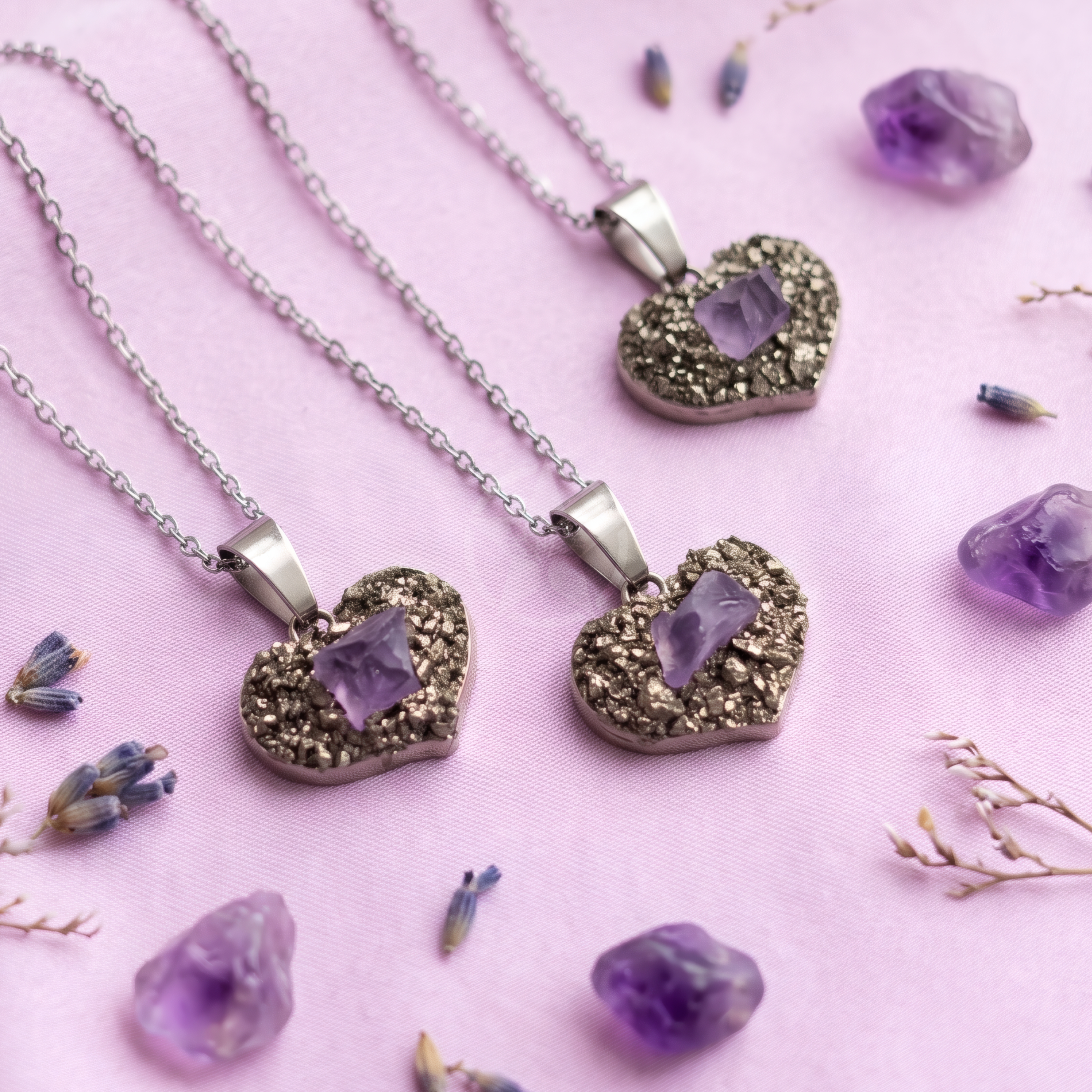 Collar Corazón De Prosperidad Amatista Pirita 2