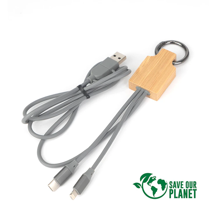 Connect Multicargador 4 en 1 de Bambú con llavero (Pack 5 Llaveros). 1