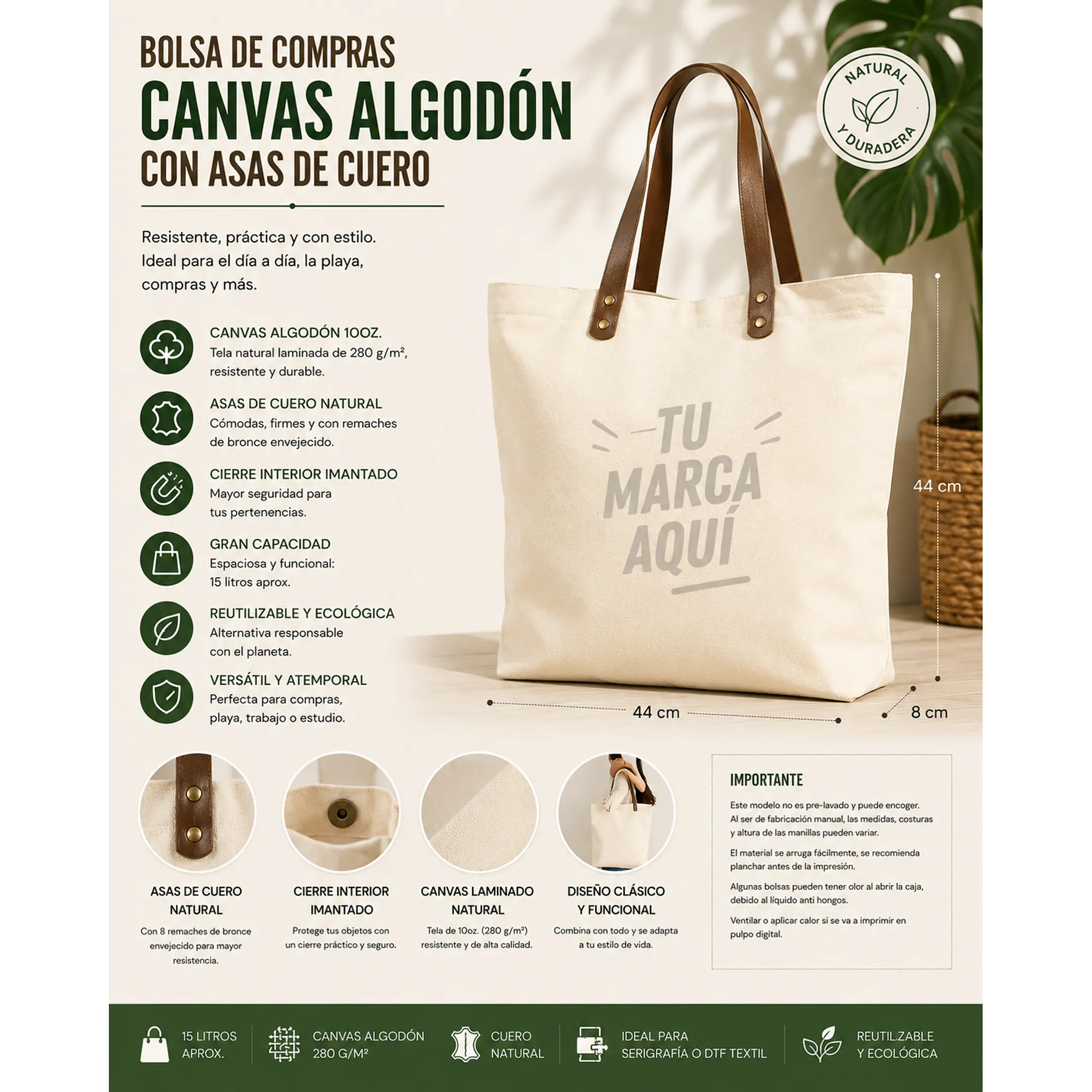 Bolsa de Compras Canvas asas Cuero (12 Unidades). 1