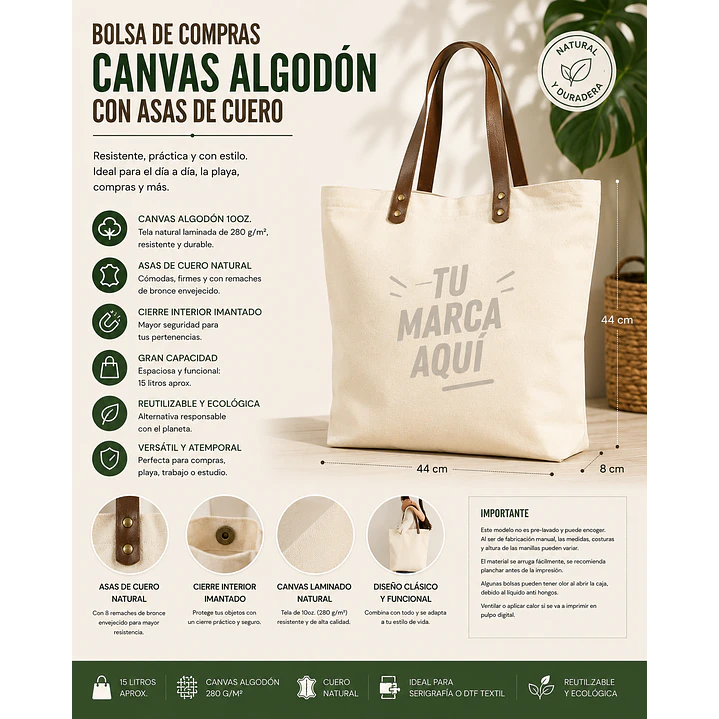 Bolsa de Compras Canvas asas Cuero (12 Unidades). 1