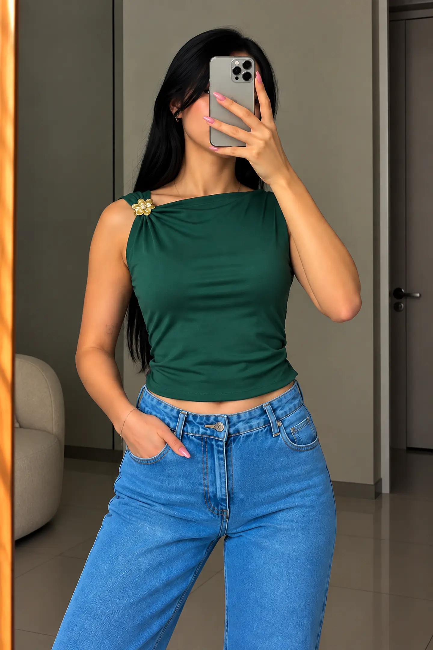 Polera Drapeado con Argolla Floral – Verde Esmeralda 1