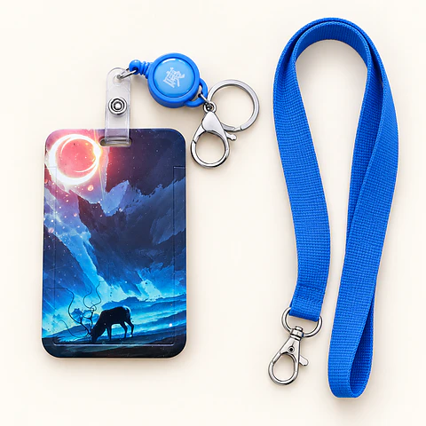 Portacredencial ilustrado con broche retráctil y lanyard