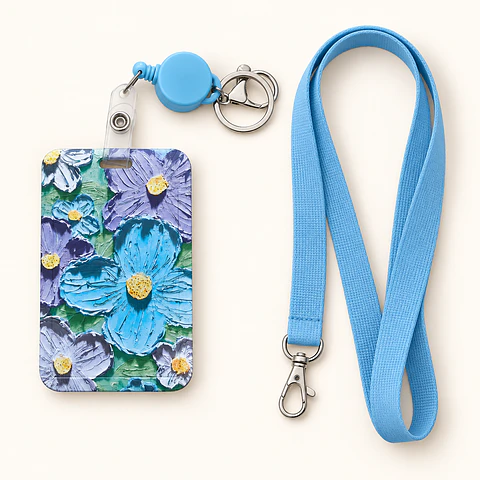 Portacredencial ilustrado con broche retráctil y lanyard