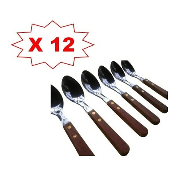 Set 12 Cucharas Acero Inoxidable Cubiertos Madera Cocina 2