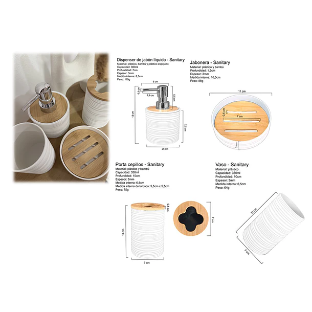 Set De Baño 4 Piezas Ducha Elegante Bambu Dispensadores Dise 3