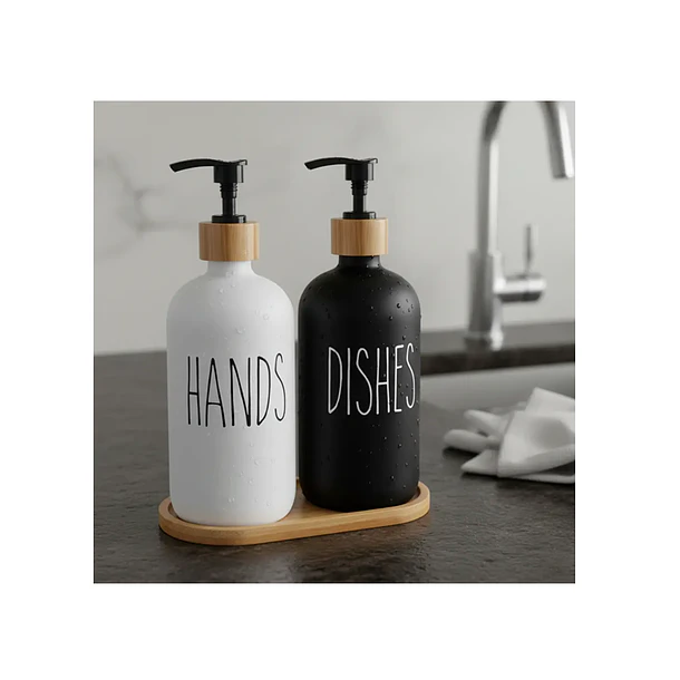 Set 2 Dispensadores Jabón Con Bandeja Bambú 4