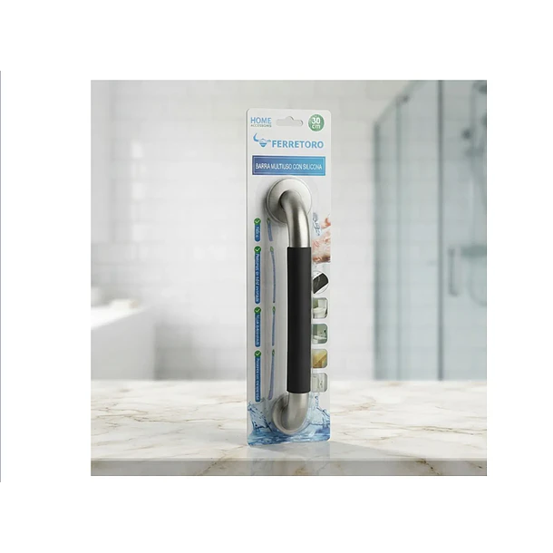Barra De Apoyo Para Baño Acero Inoxidable Con Agarre Negro 2