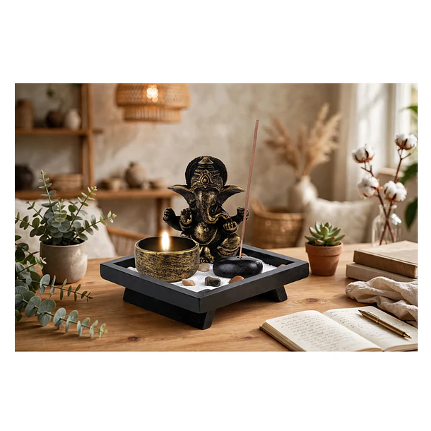 Mini Jardín Zen Ganesha Con Porta Incienso Y Vela 3