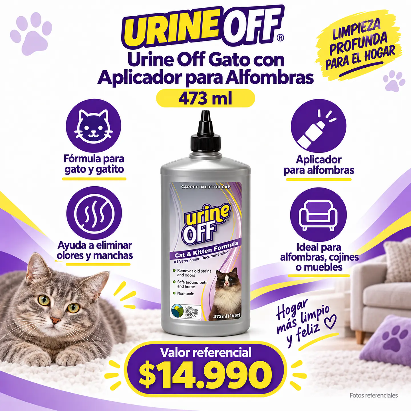 Urine Off Cat & Kitten 473 ml con Aplicador para Alfombras 2