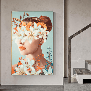 Quadro Decorativo Mulher Flores Azul e Coral