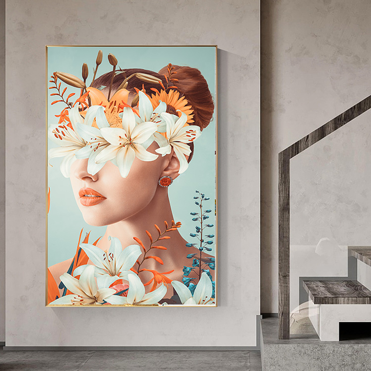 Quadro Decorativo Mulher Flores Azul e Coral 1