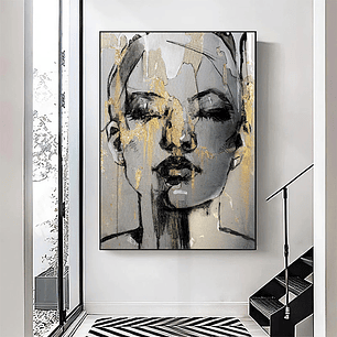 Quadro Decorativo Mulher Abstrato Preto e Dourado
