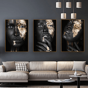 Quadro Decorativo Mulher Black and Gold Faces Kit com 3 quadros