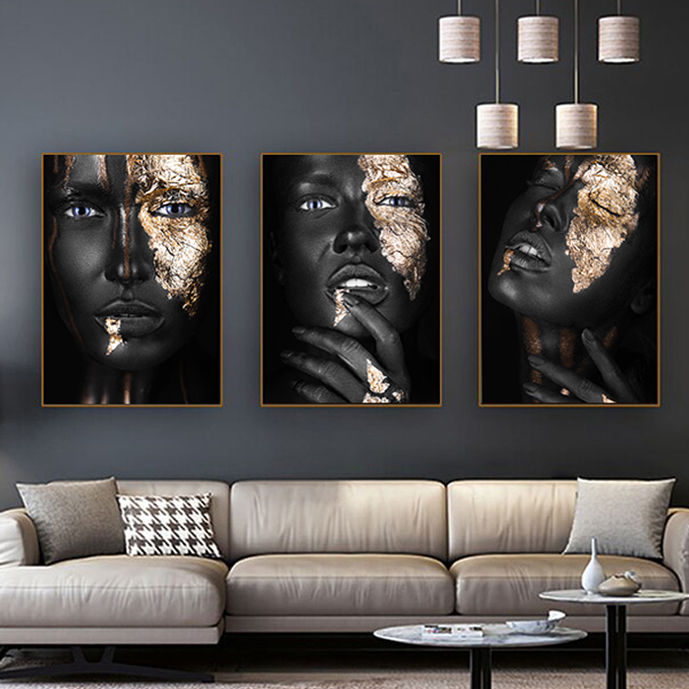 Quadro Decorativo Mulher Black and Gold Faces Kit com 3 quadros 1