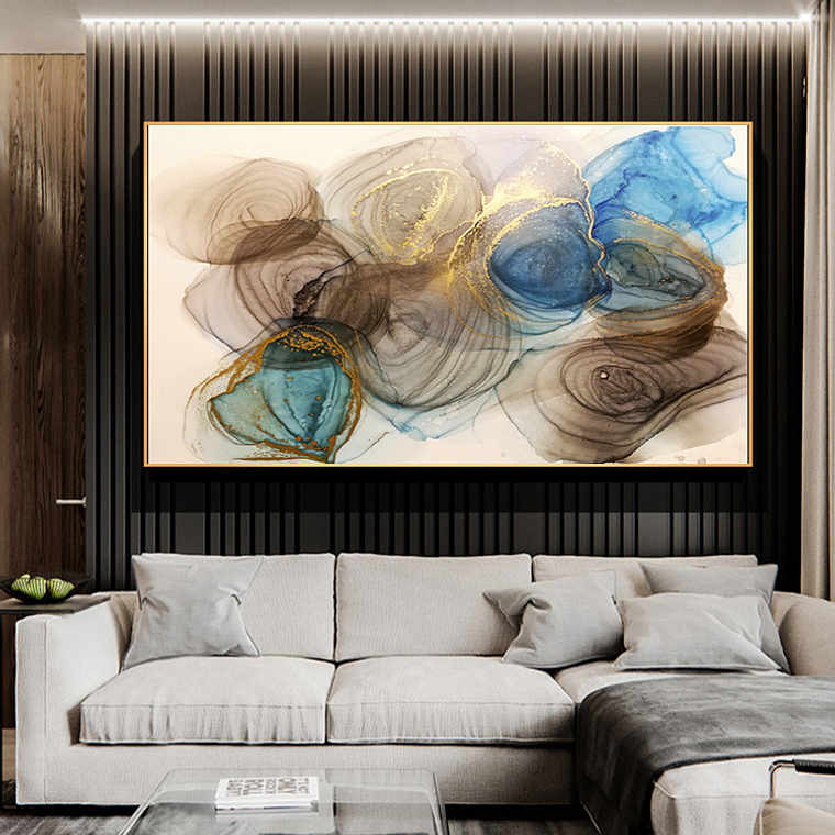 Quadro Decorativo Abstrato Azul Marrom e Dourado 1