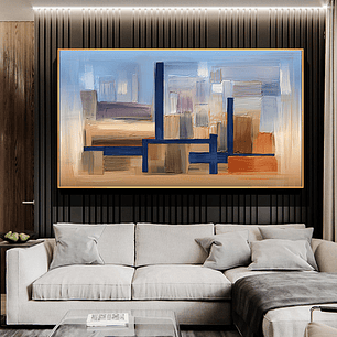 Quadro Decorativo Abstrato Pinceladas Azul e Coral