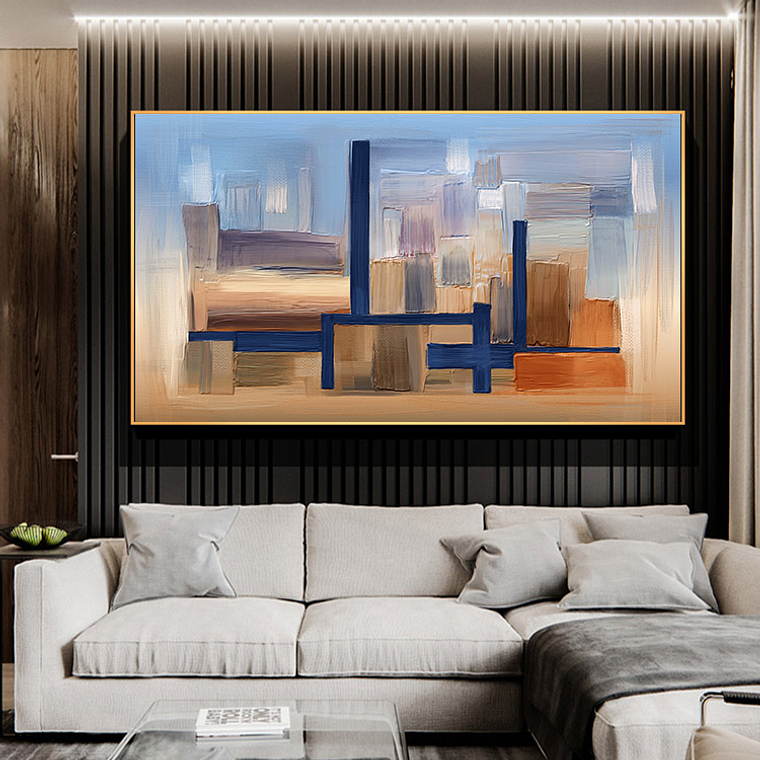 Quadro Decorativo Abstrato Pinceladas Azul e Coral 1