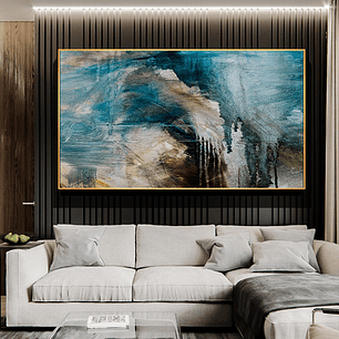 Quadro Decorativo Abstrato Pinceladas Azul e Creme