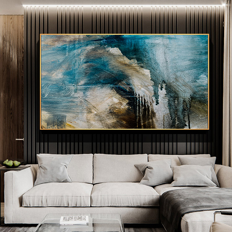 Quadro Decorativo Abstrato Pinceladas Azul e Creme 1