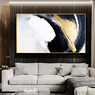 Quadro Decorativo Abstrato Pinceladas Preto e Dourado