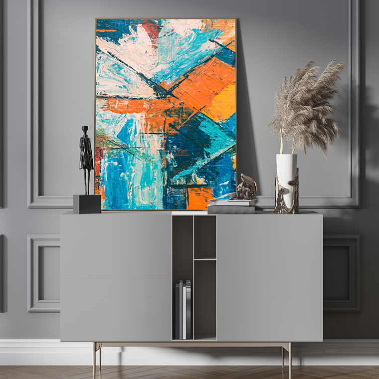 Quadro Decorativo Abstrato Geométrico Azul e Laranja 1