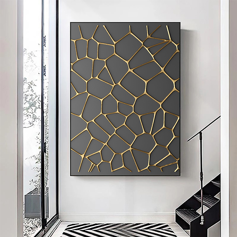 Quadro Decorativo Abstrato Linhas Preto e Dourado  1