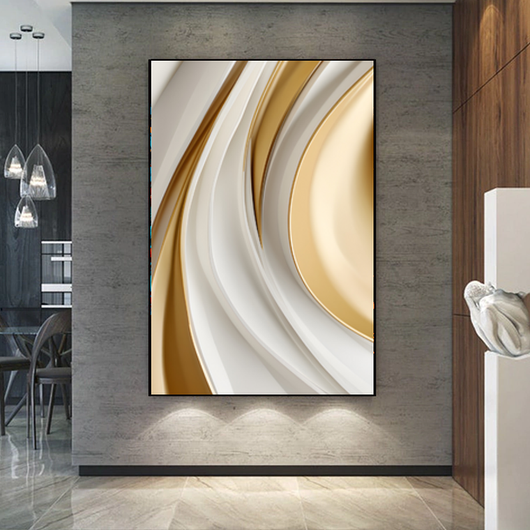 Quadro Decorativo Abstrato Moderno Branco e Dourado 1