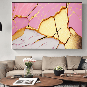 Quadro Decorativo Abstrato Moderno Rosa e Dourado