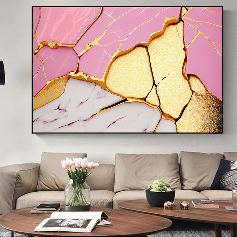 Quadro Decorativo Abstrato Moderno Rosa e Dourado 1