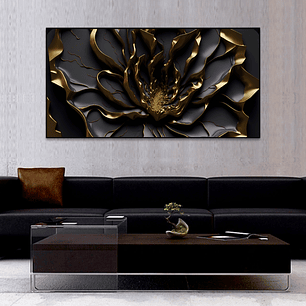 Quadro Decorativo Abstrato Flor Preto e Dourado