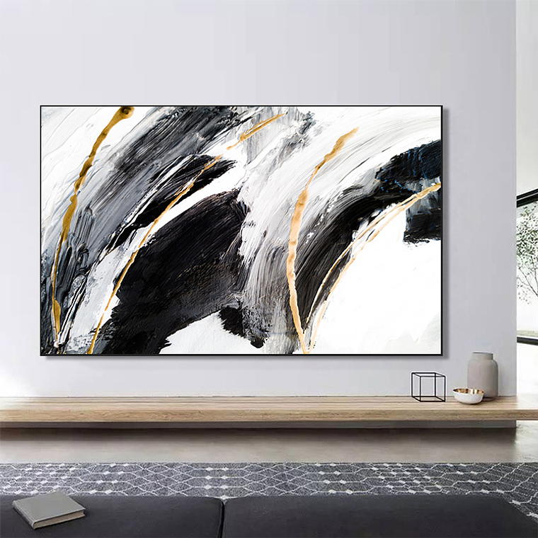 Quadro Decorativo Abstrato Moderno Preto Branco e Gold 1