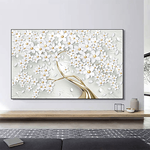 Quadro Decorativo Árvore Flores Brancas Gold