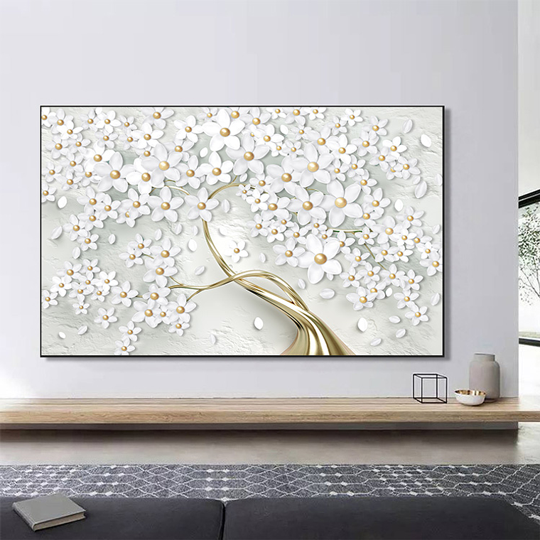 Quadro Decorativo Árvore Flores Brancas Gold 1