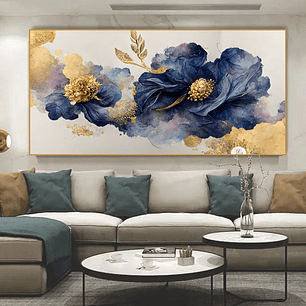 Quadro Decorativo Flores Azul e Dourado