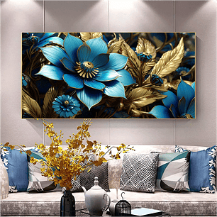 Quadro Decorativo Flores Moderno Azul e Preto