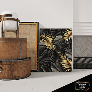 Quadro Decorativo Folhas Preto e Dourado